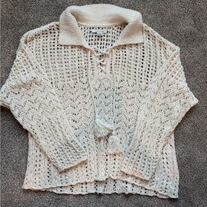 American Eagle Outfitters Cream Lace-Up Cardigan